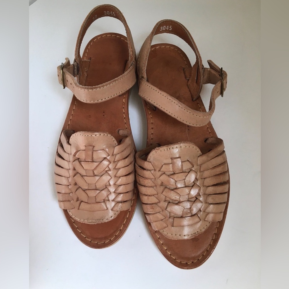 Huarache Peep Toe Ankle Strap Sandals, Light Beige, Size 37